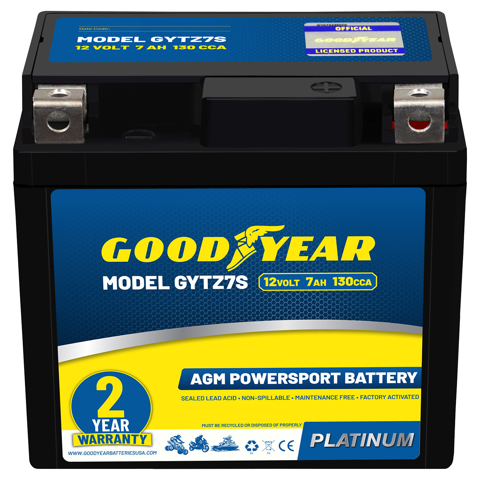 Goodyear High-Performance Maintenance-Free SLA-AGM Battery — 12V, 7Ah, 130 CCA, Rechargeable, Model# GY4146016